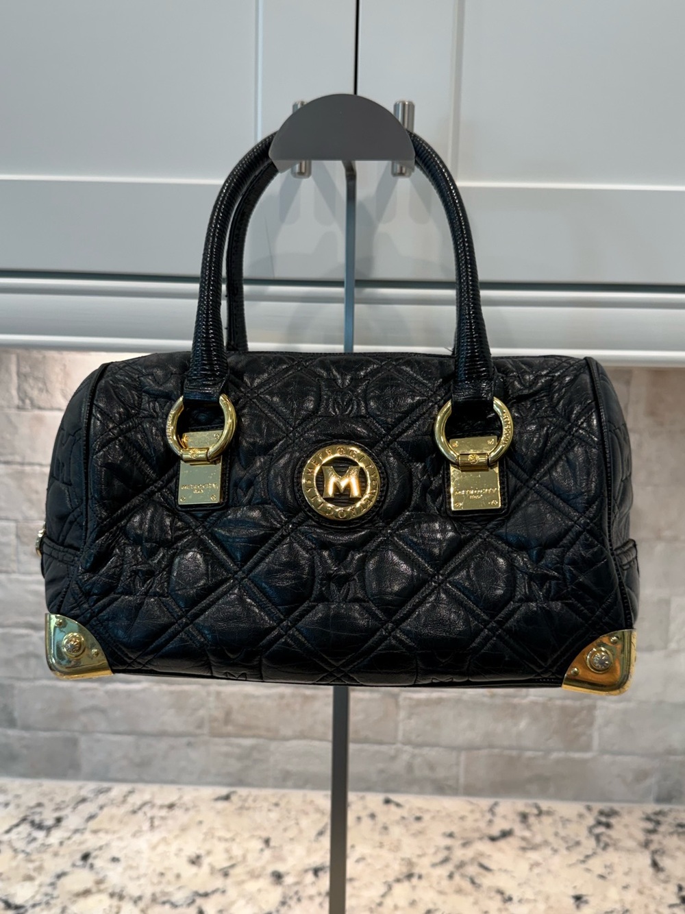 Metrocity EUC Black Quilted Satchel w/Gold Accents, Made in Italy